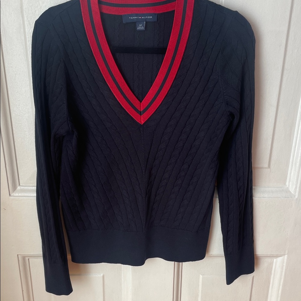 Tommy Hilfiger Black V-Neck Sweater with Red Trim